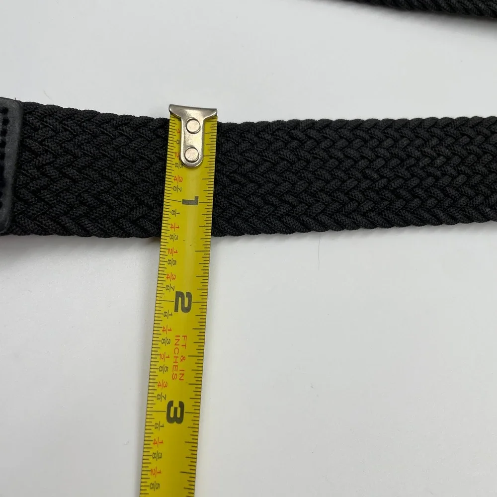 Men's Black Braided Elastic Stretch Belt Silver Buckle Leather Trim 42